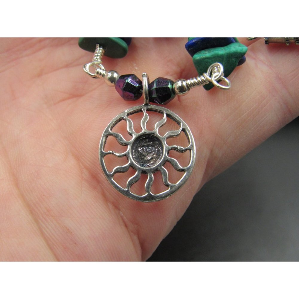 20" Sterling Silver Malachite Lapis Lazuli Sun Pendant Necklace Vintage - Picture 6 of 9